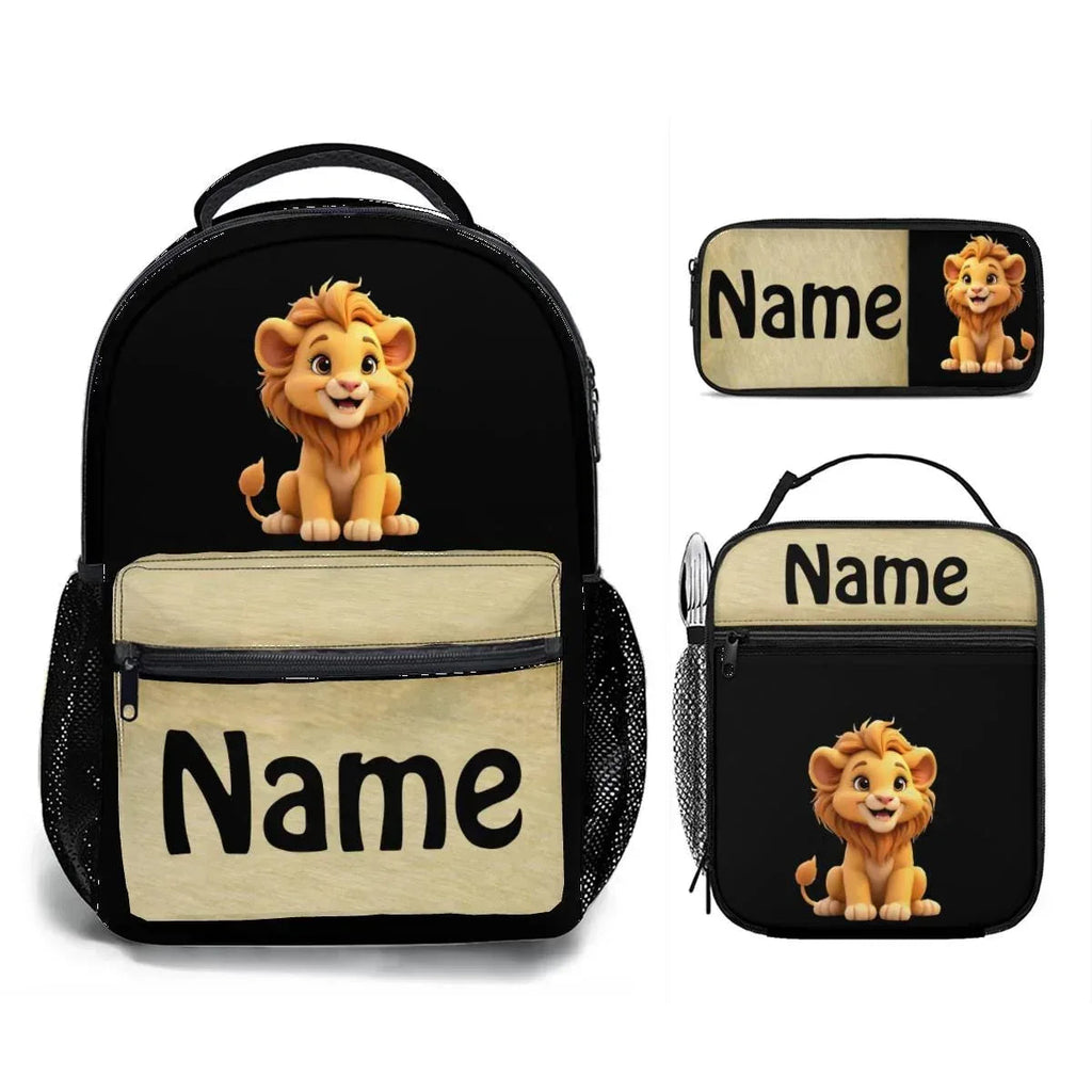 Personalized Lion Kids School Set: Backpack, Lunch Tote & Pen Pouch, Name Gift