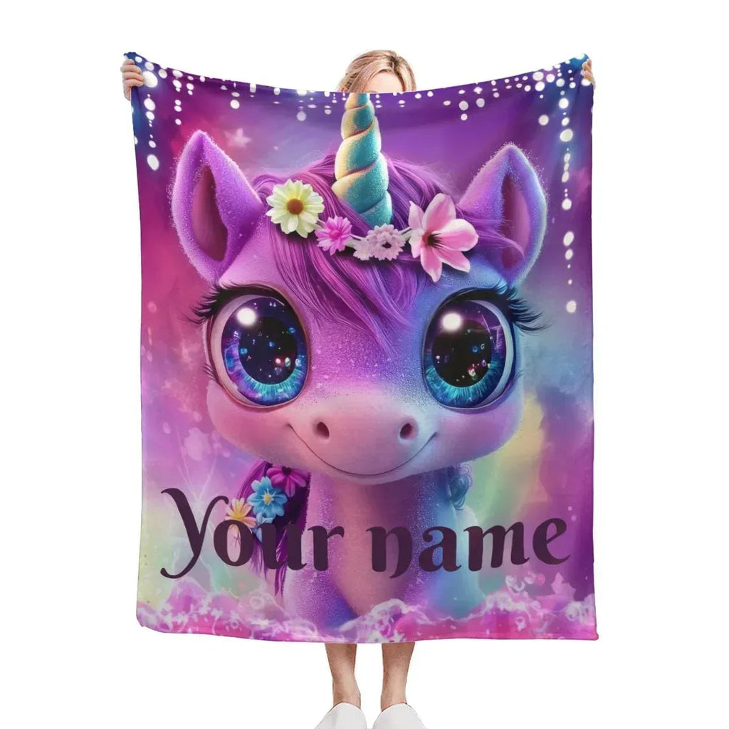 Personalized Unicorn Fleece Blanket: Purple Magical Floral Kids Throw, Super Soft Name Gift