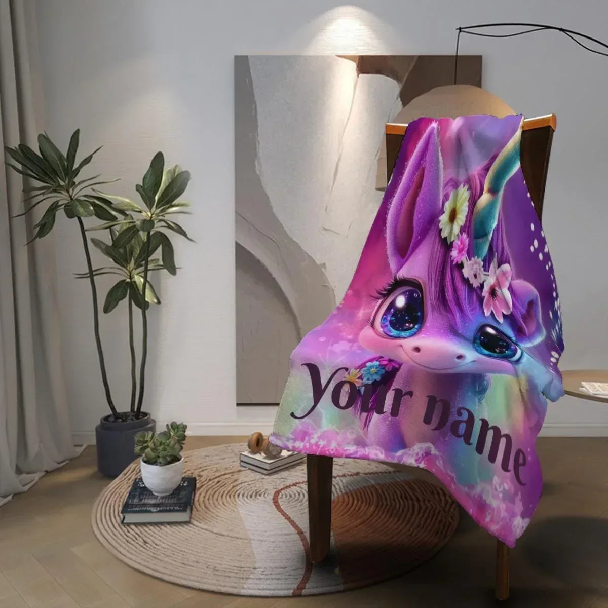 Personalized Unicorn Fleece Blanket: Purple Magical Floral Kids Throw, Super Soft Name Gift