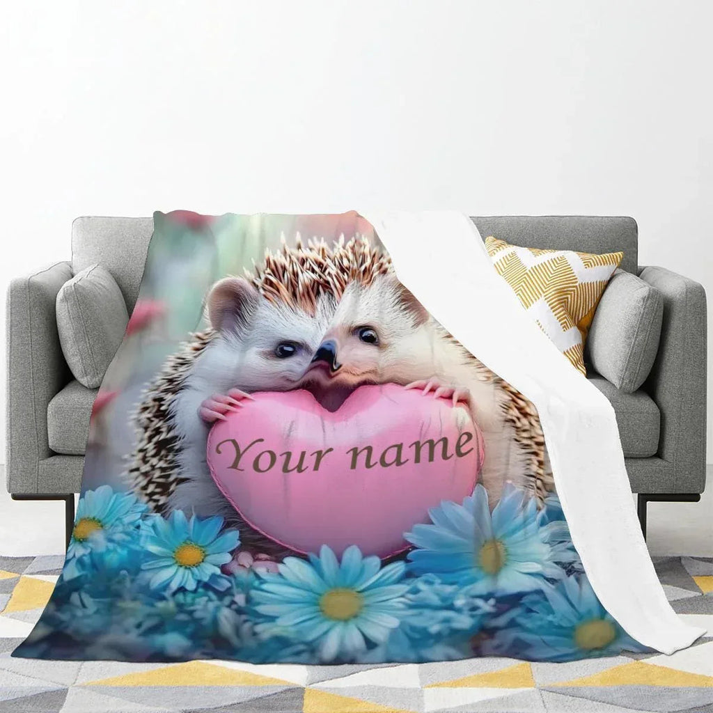 Personalized Hedgehog Love Heart Blanket: Romantic Flannel Fleece Throw, Super Soft Name Gift