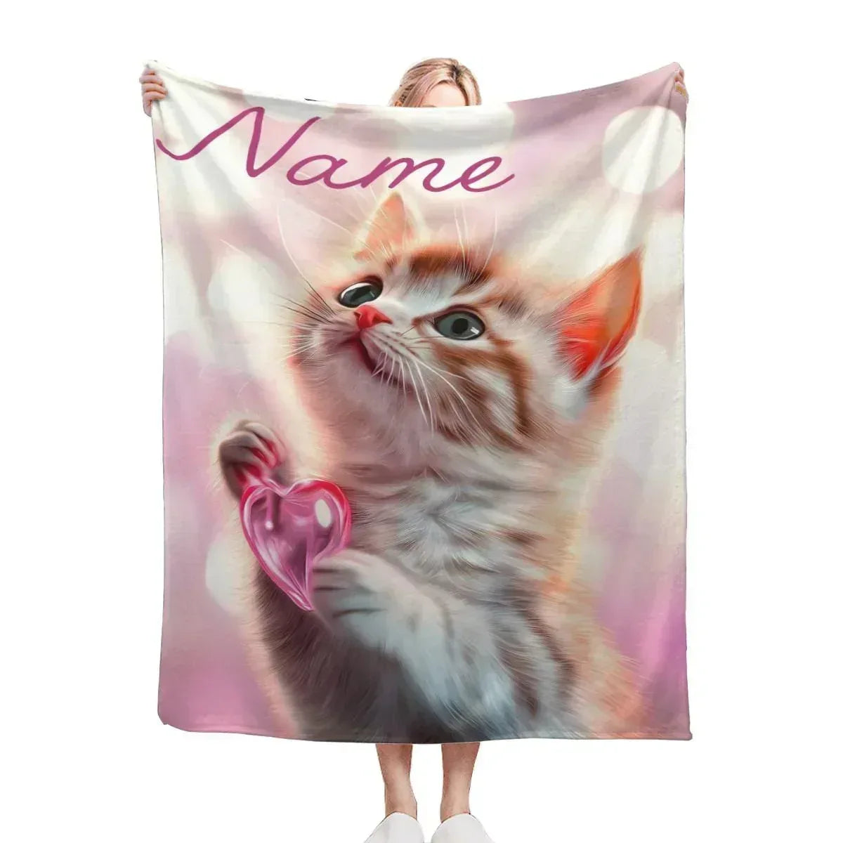 Personalized Kitten Blanket: Whimsical Heart Flannel Fleece Throw, Pink Kitty Cat Lover Gift