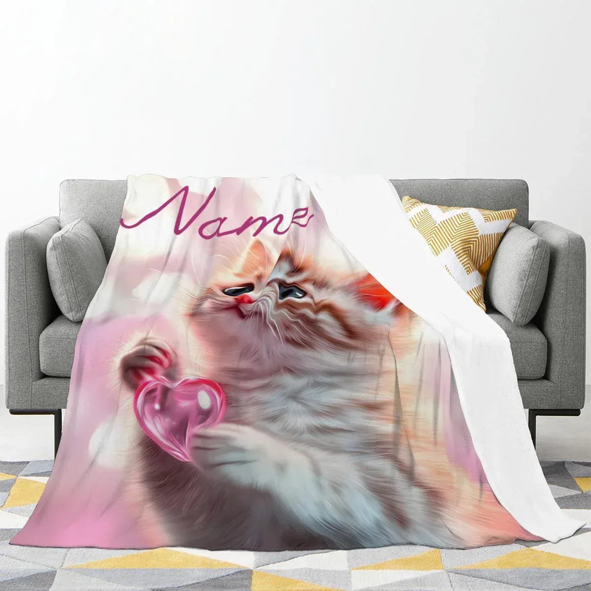 Personalized Kitten Blanket: Whimsical Heart Flannel Fleece Throw, Pink Kitty Cat Lover Gift