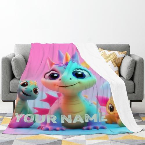Personalized Dragon Blanket: Cartoon Flannel Fleece Dino Throw, Custom Name Gift