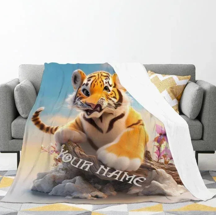 Personalized Tiger Blanket Soft: Wild Animal Jungle Theme Flannel Fleece Throw