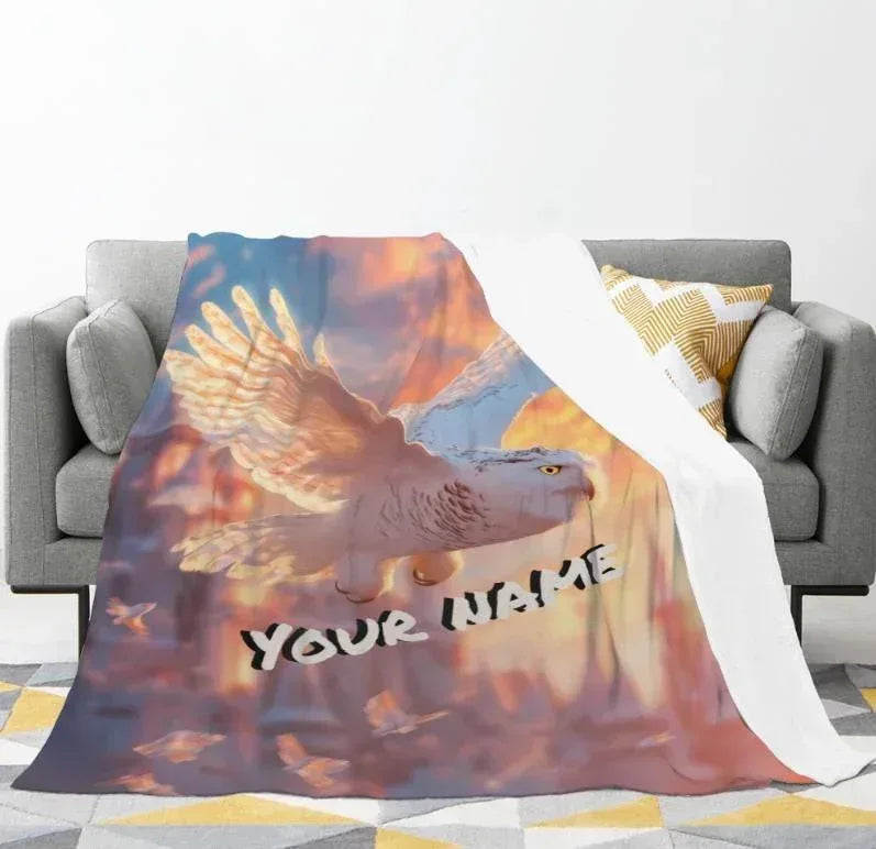 Personalized Wizard Owl Flannel Blanket: Enchanted Castle Fleece Throw, Soft Custom Name Gift Bird