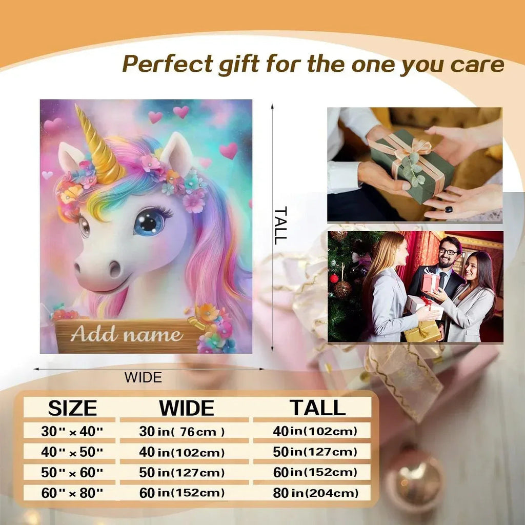 Personalized Unicorn Blanket: Rainbow Pink White Bedroom - Soft Flannel Fleece Throw, Name Gift