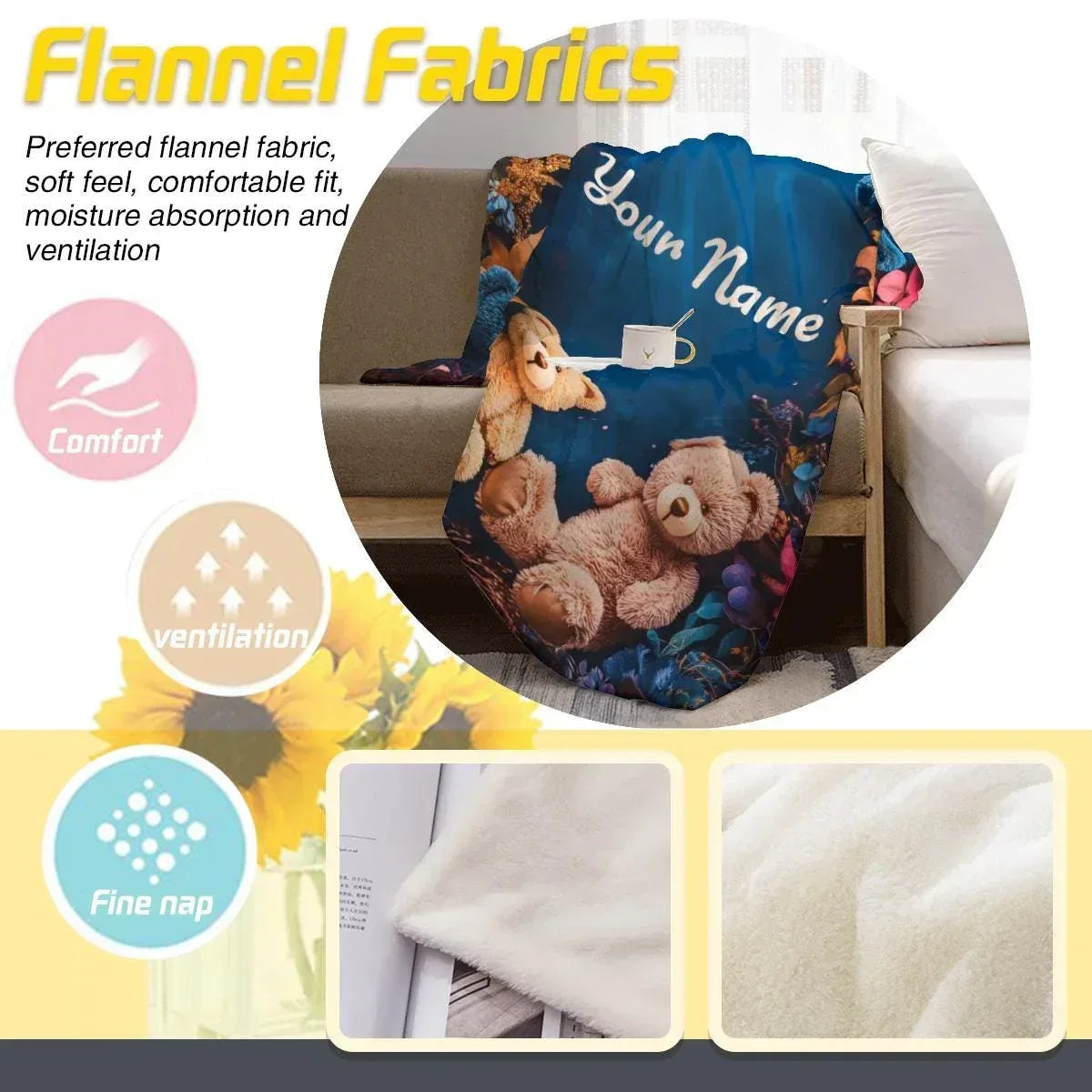 Personalized Teddy Bear Plush Blanket: Soft Flannel Fleece, Autumn Leaves, Custom Name Gift