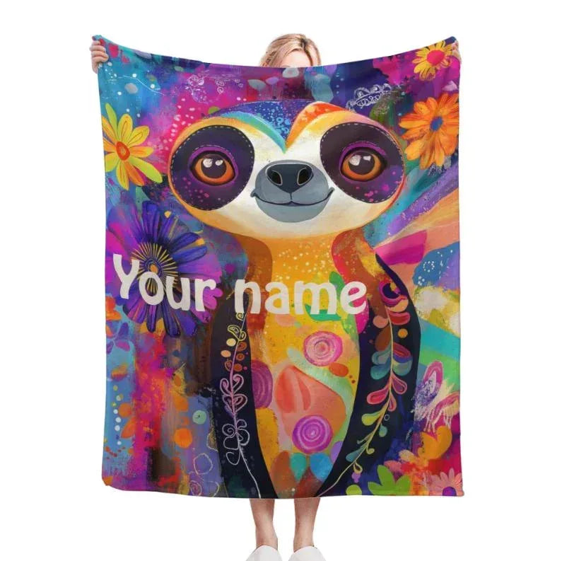 Customizable Sloth Blanket: Tropical Floral Art Flannel Throw