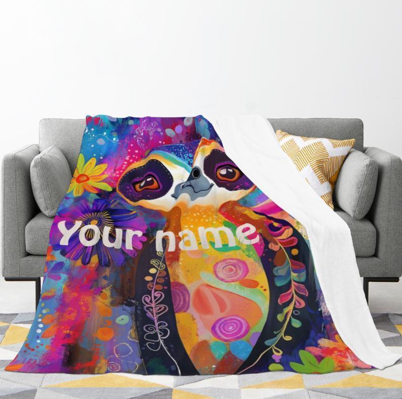 Customizable Sloth Blanket: Tropical Floral Art Flannel Throw