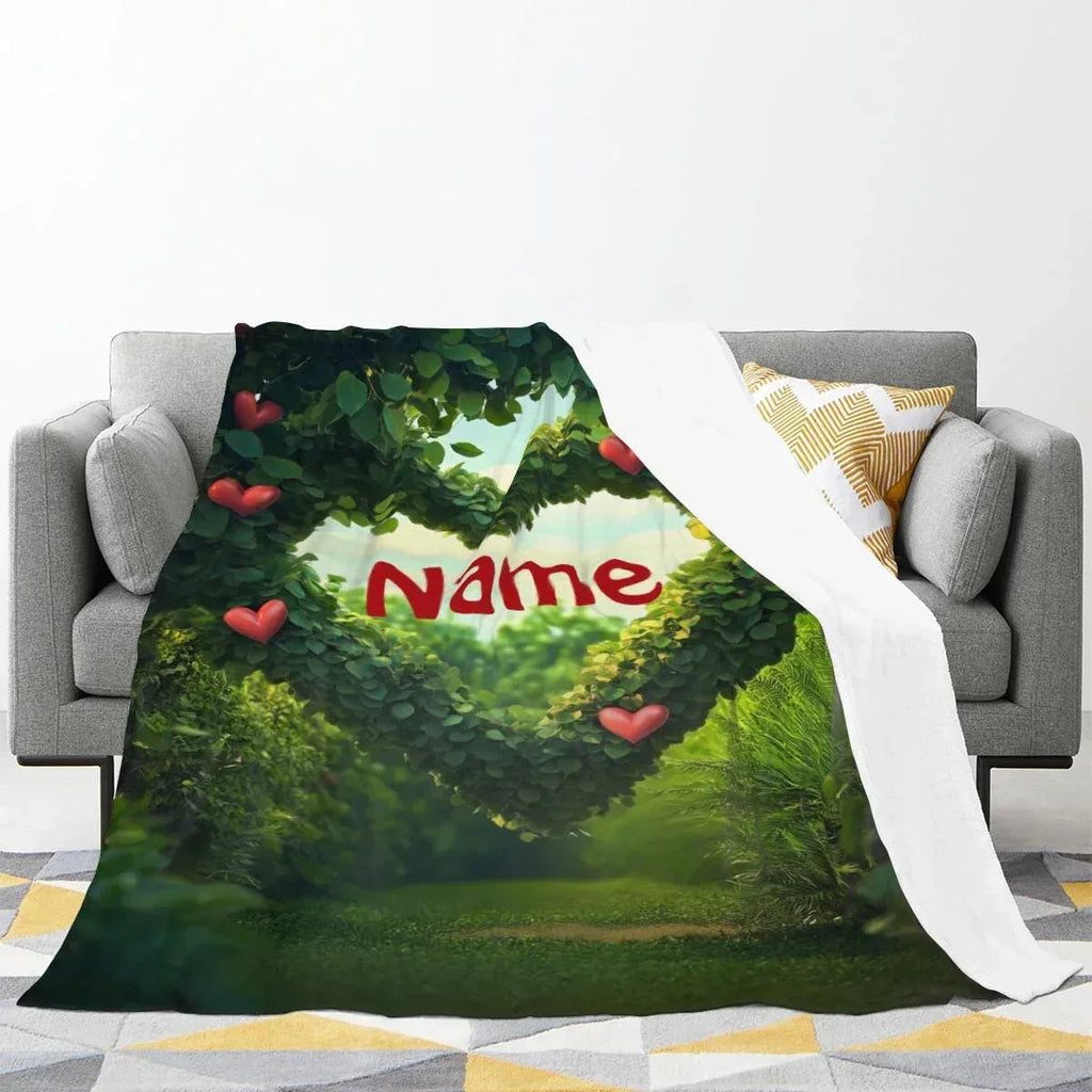 Personalized Garden Heart Blanket: Lush Greenery Plant Microfiber Fleece Throw, Romantic, Lovely Gift