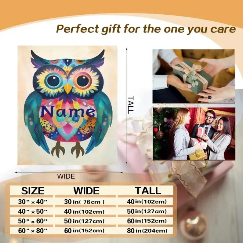 Personalized Owl Blanket: Romantic Flannel Fleece Throw, Custom Name Gift Colourful Bird