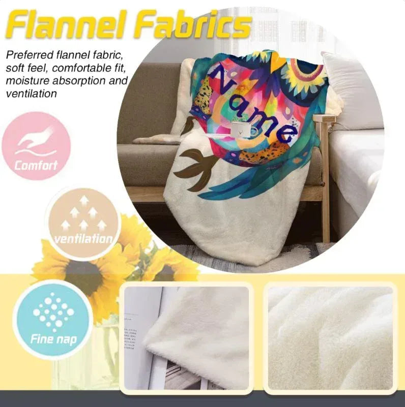 Personalized Owl Blanket: Romantic Flannel Fleece Throw, Custom Name Gift Colourful Bird