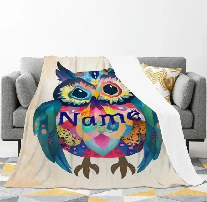 Personalized Owl Blanket: Romantic Flannel Fleece Throw, Custom Name Gift Colourful Bird