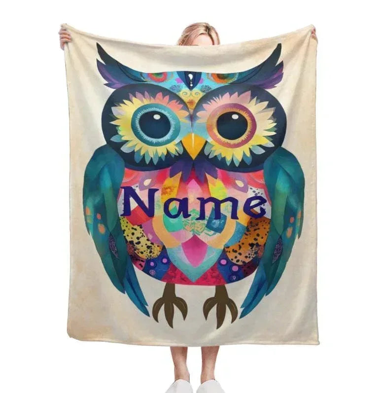 Personalized Owl Blanket: Romantic Flannel Fleece Throw, Custom Name Gift Colourful Bird
