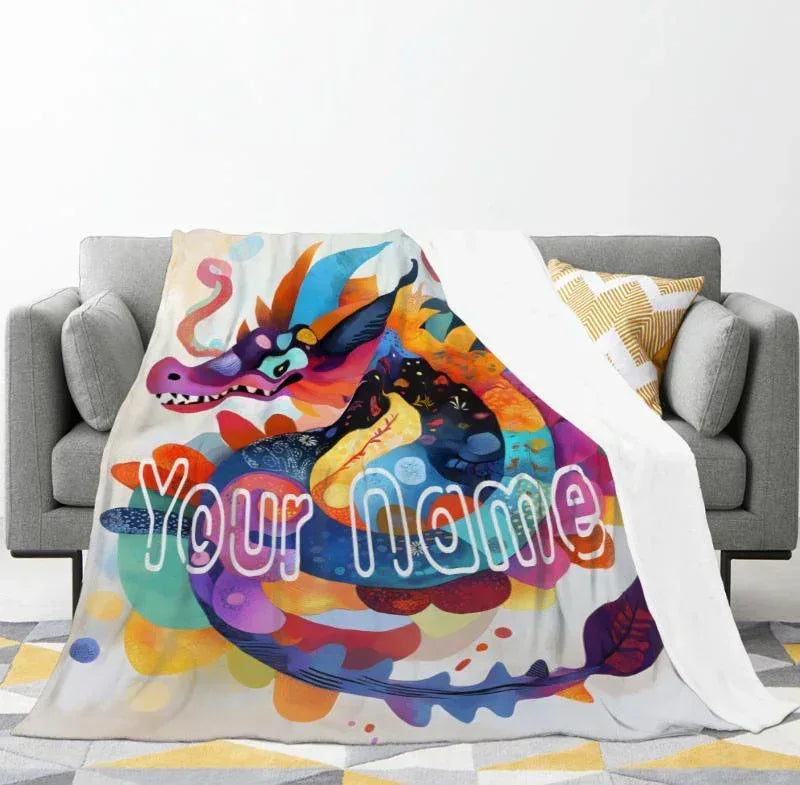 Personalized Dragon Blanket: Vibrant Fantasy Flannel Fleece Throw, New year Dragon