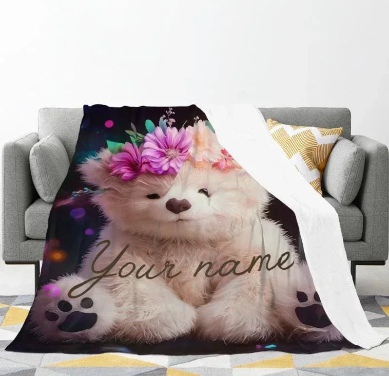 Personalized Teddy Bear Plush Blanket: Floral Crown, Soft Flannel Fleece Throw, Custom Name Gift