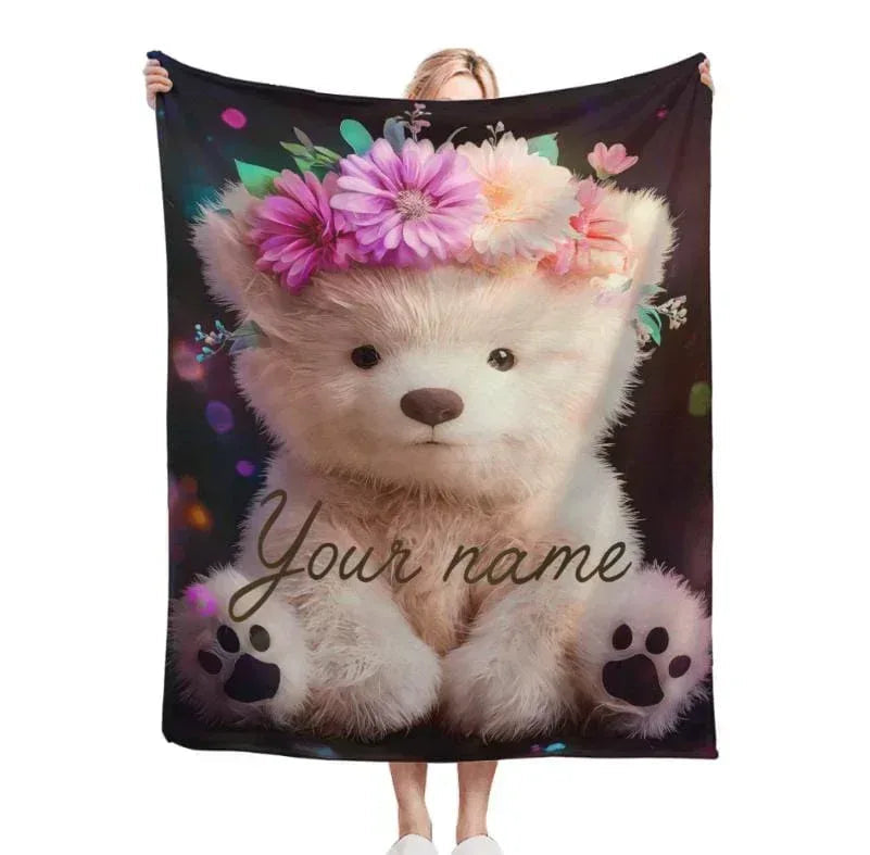 Personalized Teddy Bear Plush Blanket: Floral Crown, Soft Flannel Fleece Throw, Custom Name Gift