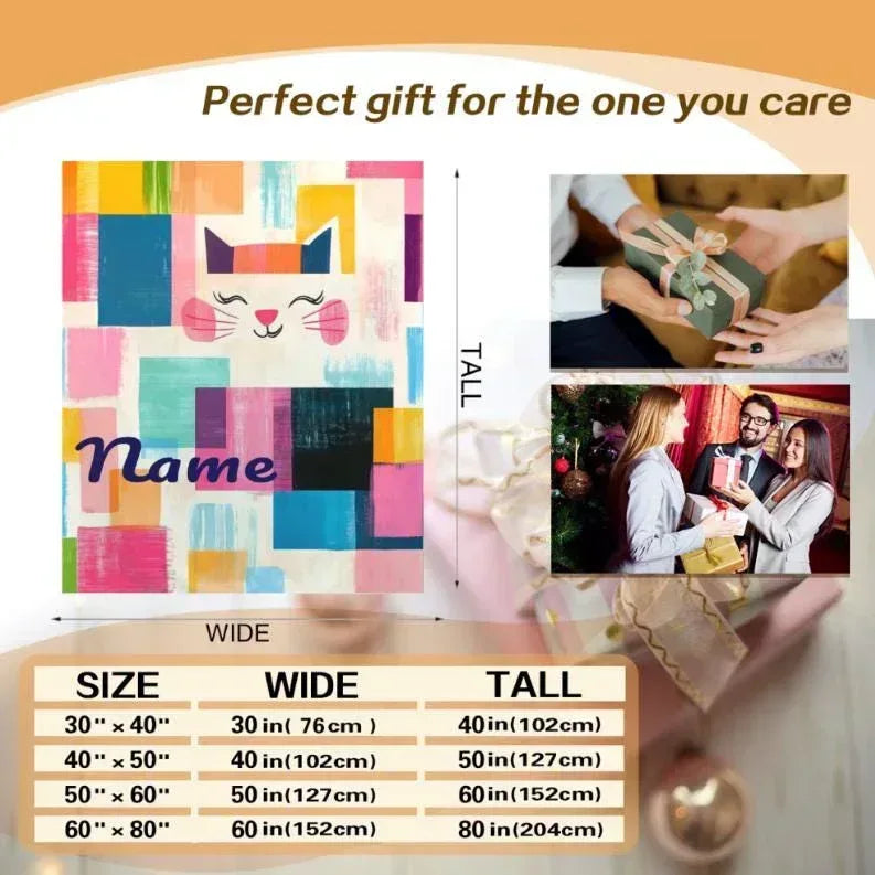 Personalized Cat Blanket: Warm, Playful Kitten Patchwork Fleece Throw, Meow, Super Soft Name Gift