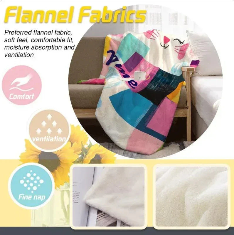 Personalized Cat Blanket: Warm, Playful Kitten Patchwork Fleece Throw, Meow, Super Soft Name Gift