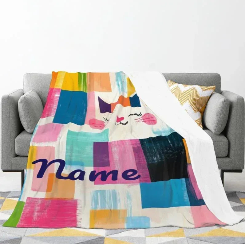 Personalized Cat Blanket: Warm, Playful Kitten Patchwork Fleece Throw, Meow, Super Soft Name Gift
