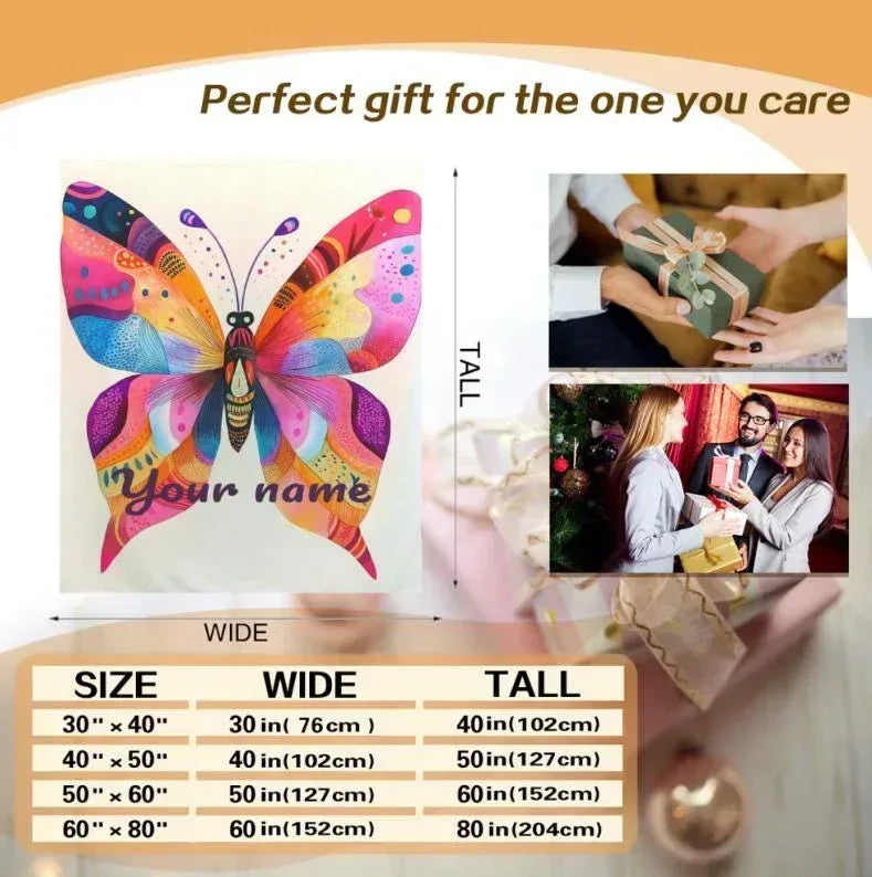 Personalized Butterfly Blanket: Vibrant Flannel Fleece Throw, Colourful Custom Name Gift