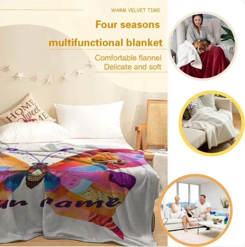 Personalized Butterfly Blanket: Vibrant Flannel Fleece Throw, Colourful Custom Name Gift