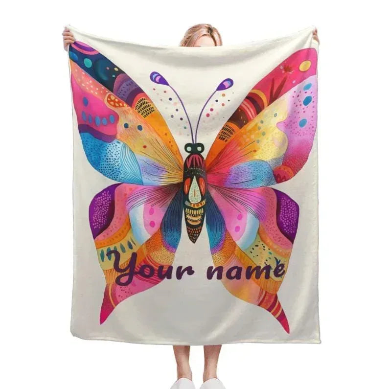 Personalized Butterfly Blanket: Vibrant Flannel Fleece Throw, Colourful Custom Name Gift