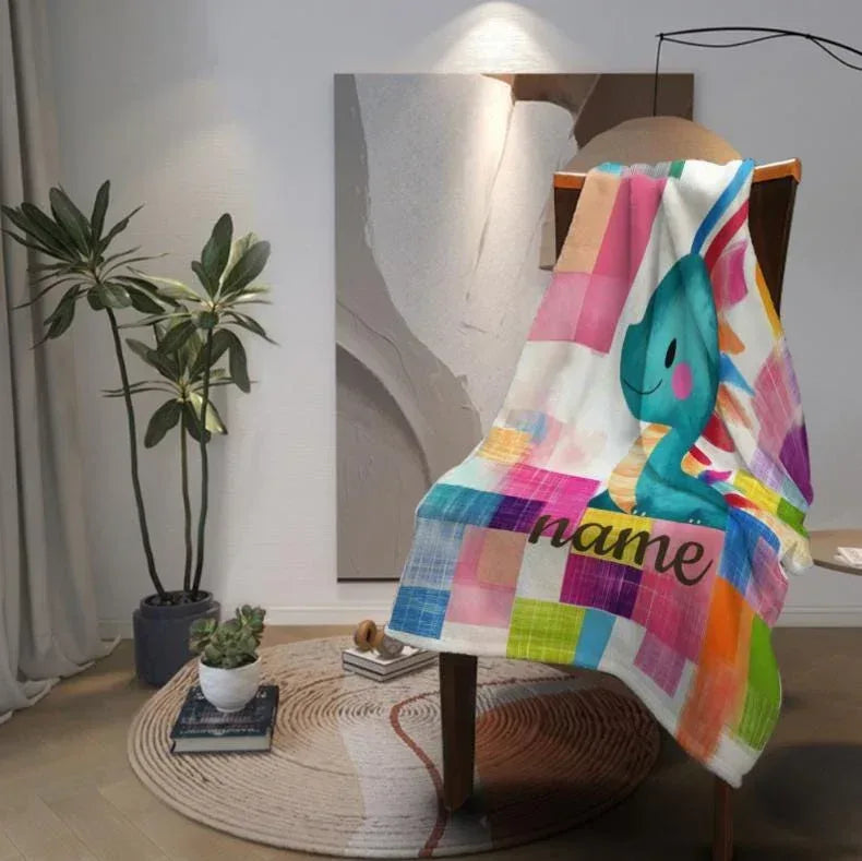 Personalized Dinosaur Blanket - Patchwork Maximalist Dragon Throw Custom Name Gift