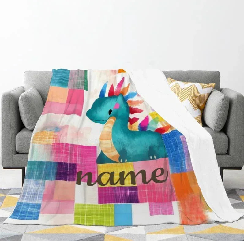 Personalized Dinosaur Blanket - Patchwork Maximalist Dragon Throw Custom Name Gift