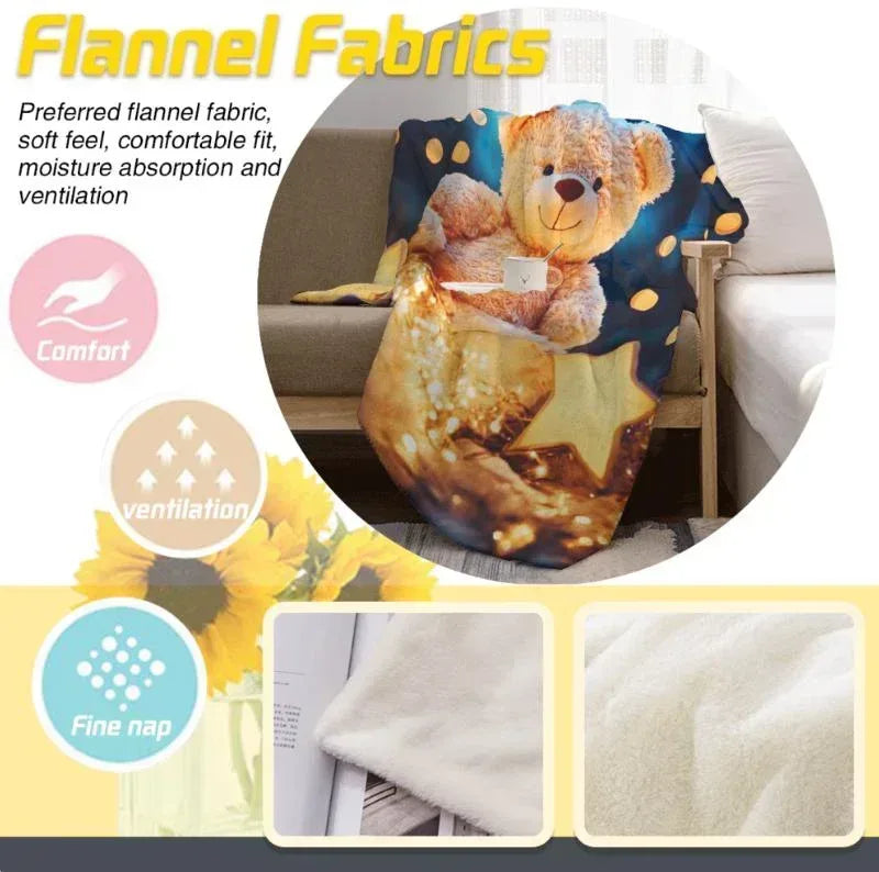 Personalized Teddy Bear Plush Blanket: Dreamy Stars, Flannel Fleece Throw, Super Soft Name Gift