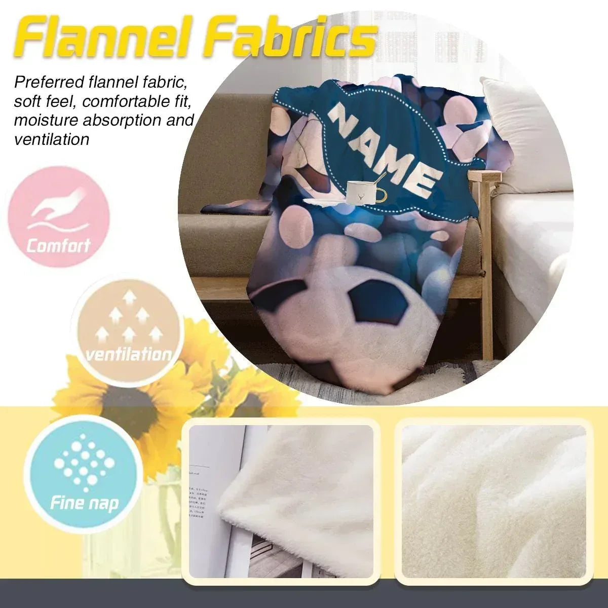 Personalized Football Blanket: Soft Microfiber Flannel Fleece Throw for Soccer Fans, Sport Name Gift