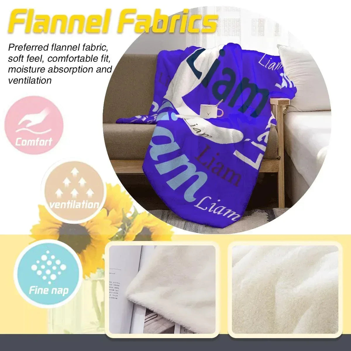 Add your Name & Letter - Personalized Vivid Blue Name Blanket – Custom Flannel Fleece Throw