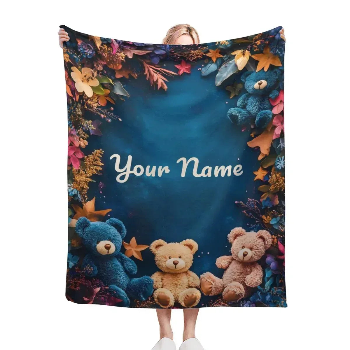 Personalized Teddy Bear Plush Blanket: Soft Flannel Fleece, Autumn Leaves, Custom Name Gift