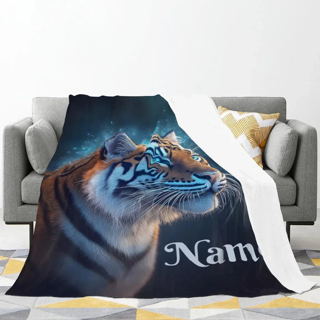 Personalized Tiger Blanket: Starry Night Jungle Throw, Soft Flannel Fleece Name Gift