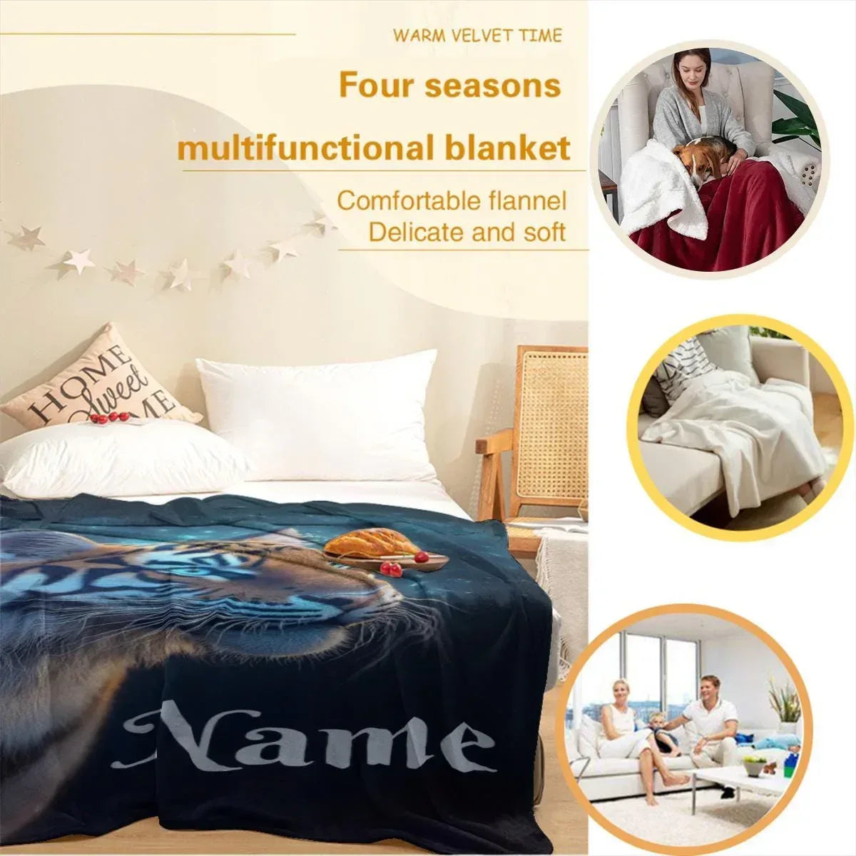 Personalized Tiger Blanket: Starry Night Jungle Throw, Soft Flannel Fleece Name Gift