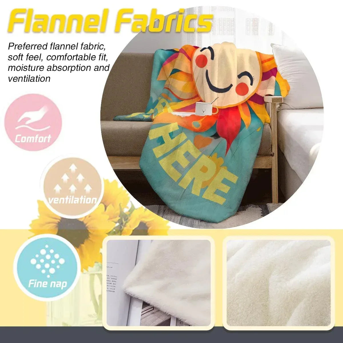 Personalized Sunny Sunshine Sunflower Blanket: Custom Name Gift, Flannel Fleece Throw