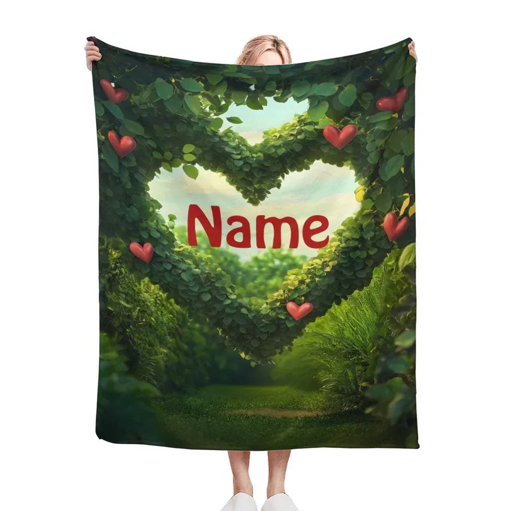 Personalized Garden Heart Blanket: Lush Greenery Plant Microfiber Fleece Throw, Romantic, Lovely Gift