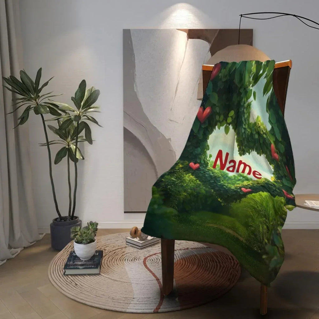 Personalized Garden Heart Blanket: Lush Greenery Plant Microfiber Fleece Throw, Romantic, Lovely Gift
