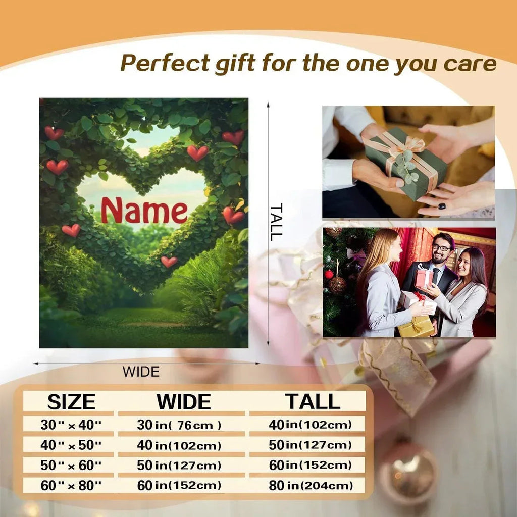 Personalized Garden Heart Blanket: Lush Greenery Plant Microfiber Fleece Throw, Romantic, Lovely Gift