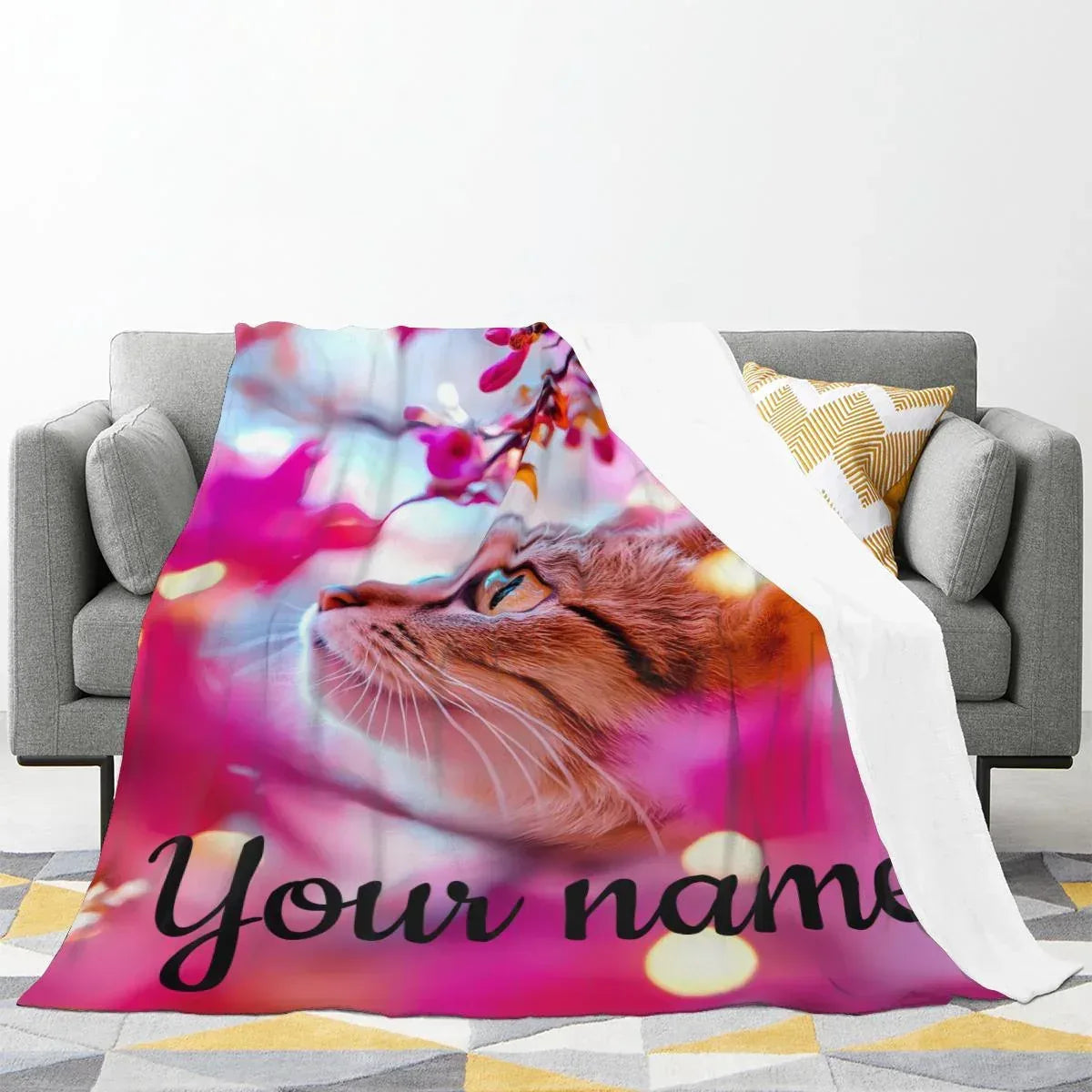 Personalized Cat Fleece Blanket: Pink Floral Kitty Design, Soft Custom Name Gift