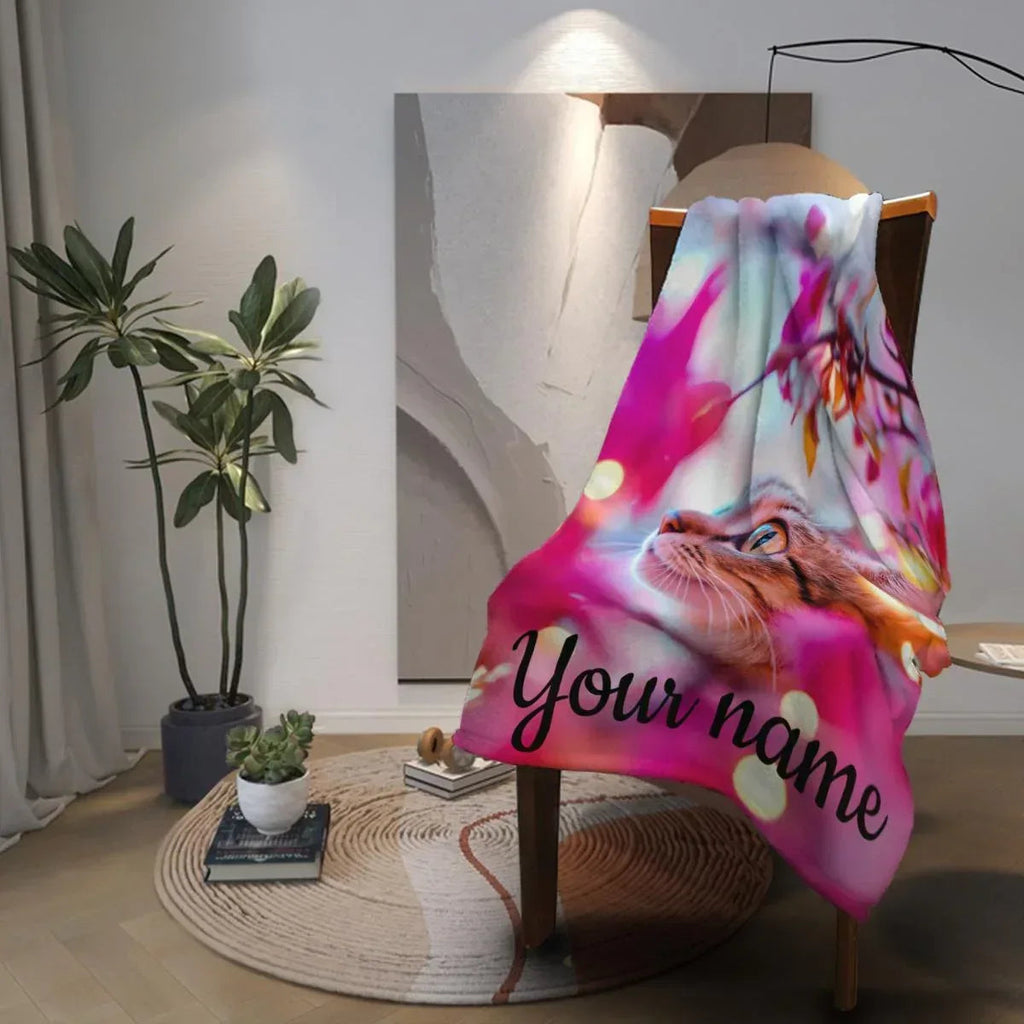 Personalized Cat Fleece Blanket: Pink Floral Kitty Design, Soft Custom Name Gift