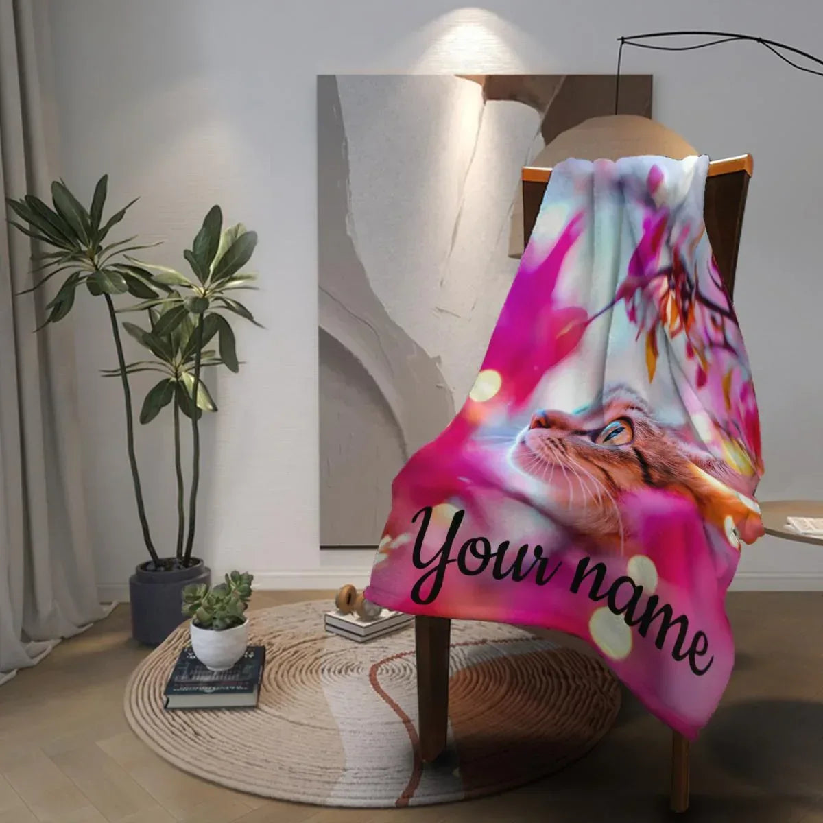 Personalized Cat Fleece Blanket: Pink Floral Kitty Design, Soft Custom Name Gift