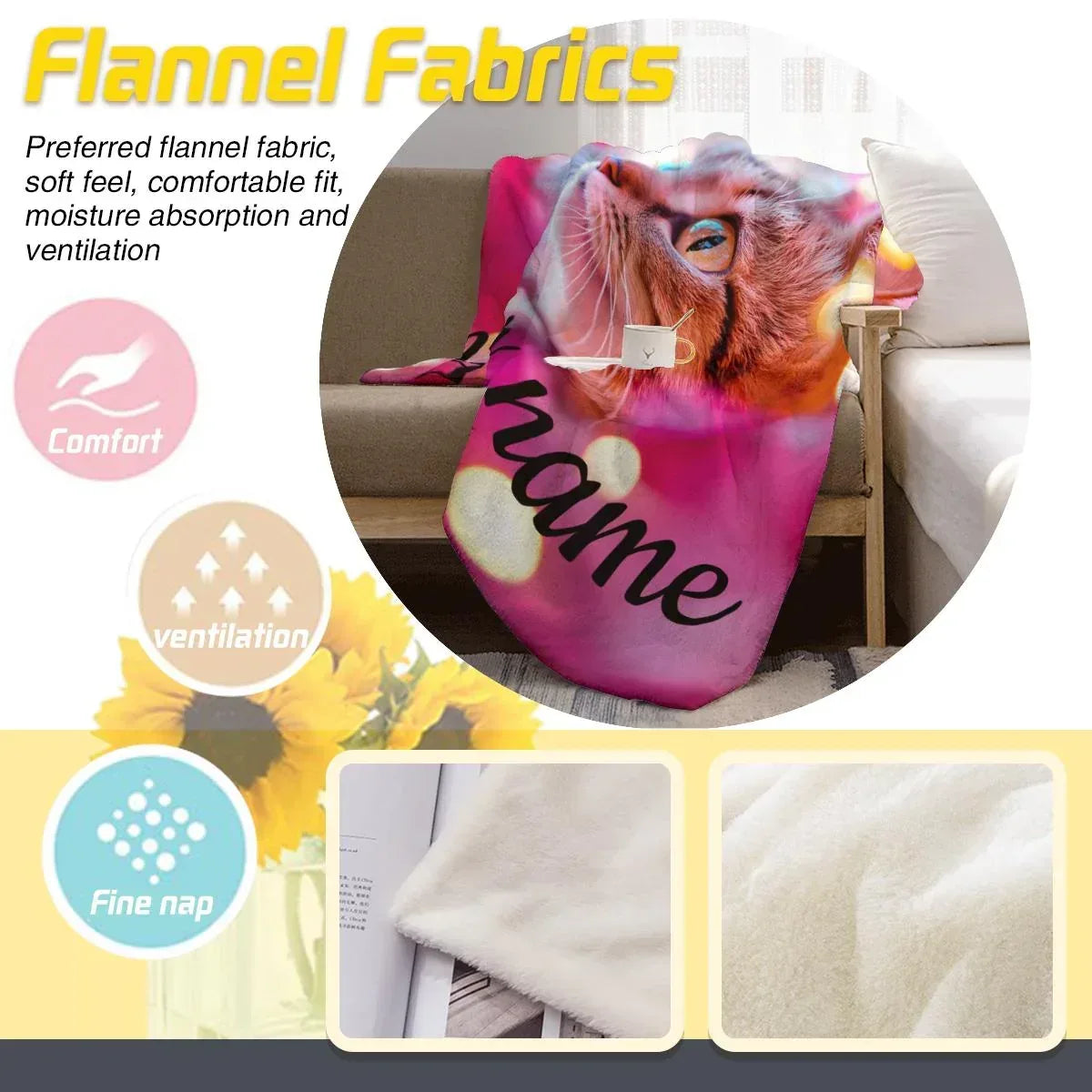 Personalized Cat Fleece Blanket: Pink Floral Kitty Design, Soft Custom Name Gift