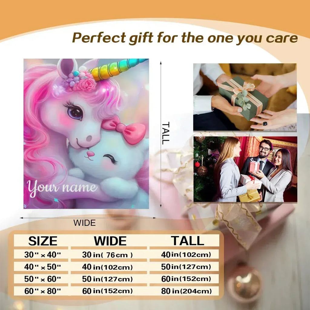 Personalized Unicorn & Kitty Plush Blanket, Custom Name Soft Flannel Fleece Throw
