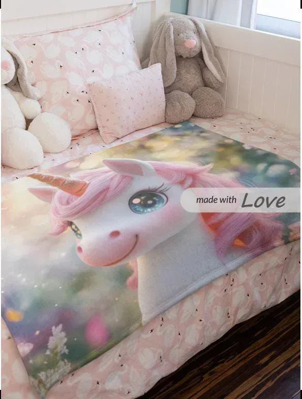Personalized Unicorn & Kitty Plush Blanket, Custom Name Soft Flannel Fleece Throw
