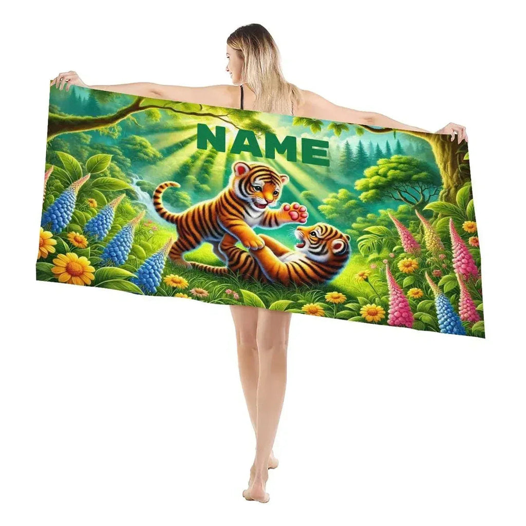 Personalized Jungle Tiger Beach Towel: Custom Name Microfiber Swimming Pool Towel