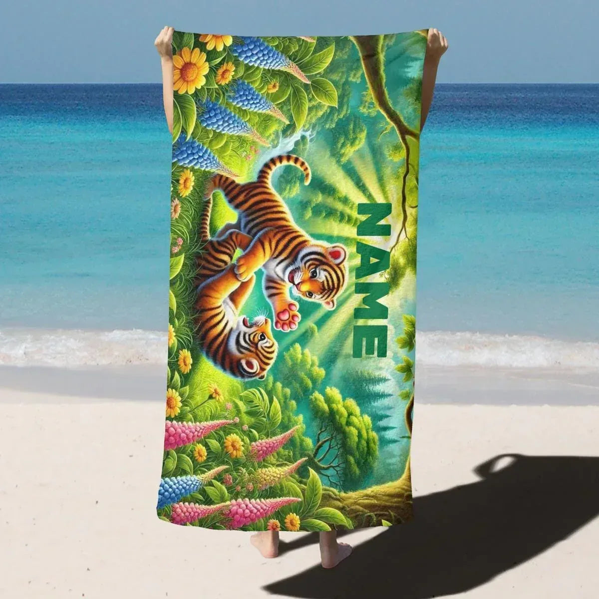 Personalized Jungle Tiger Beach Towel: Custom Name Microfiber Swimming Pool Towel