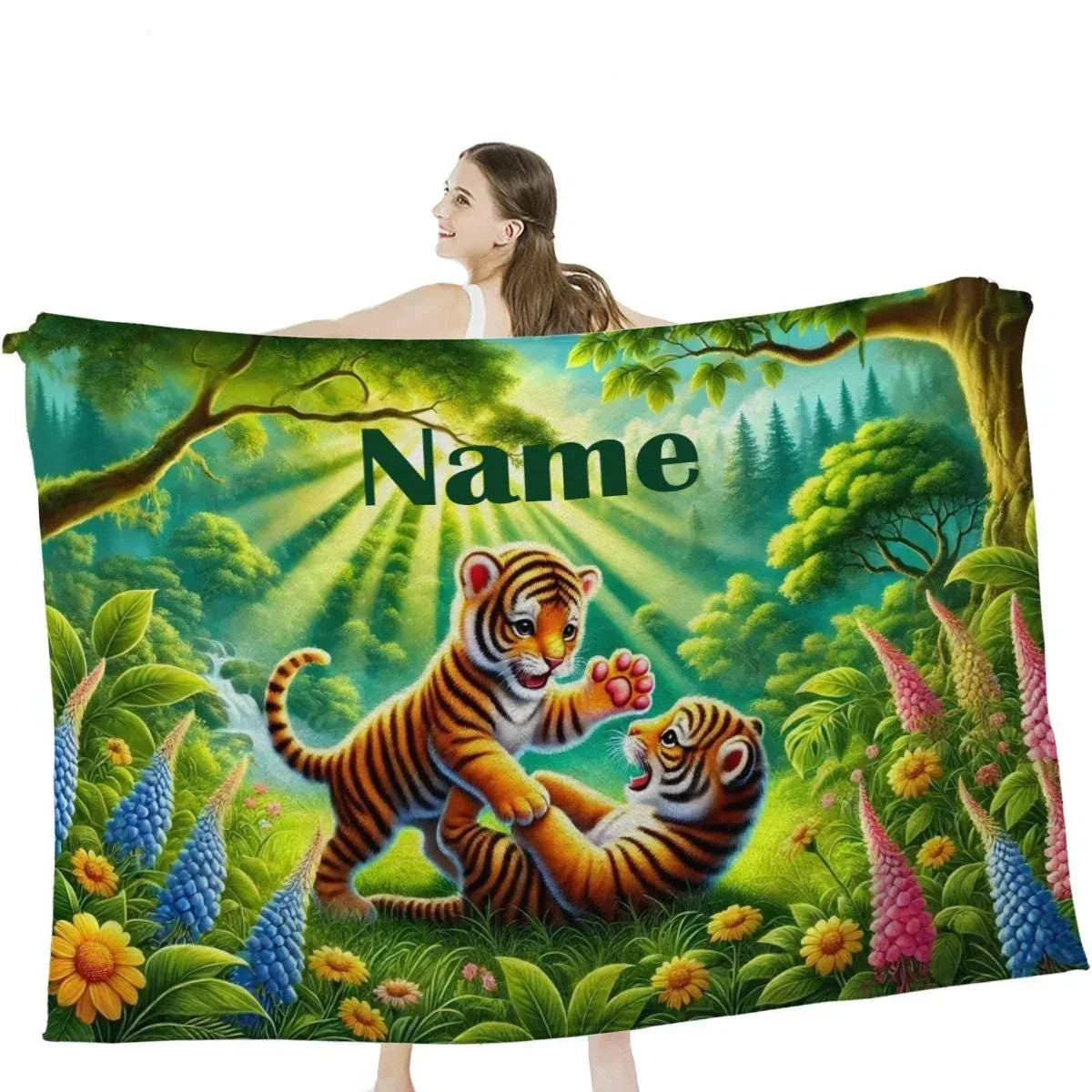 Personalized Tiger Blanket: Enchanted Forest Jungle Adventure Throw, Soft Flannel Fleece Throw