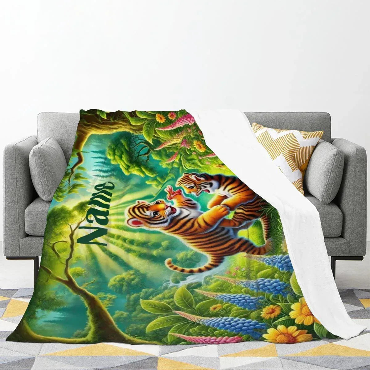 Personalized Tiger Blanket: Enchanted Forest Jungle Adventure Throw, Soft Flannel Fleece Throw