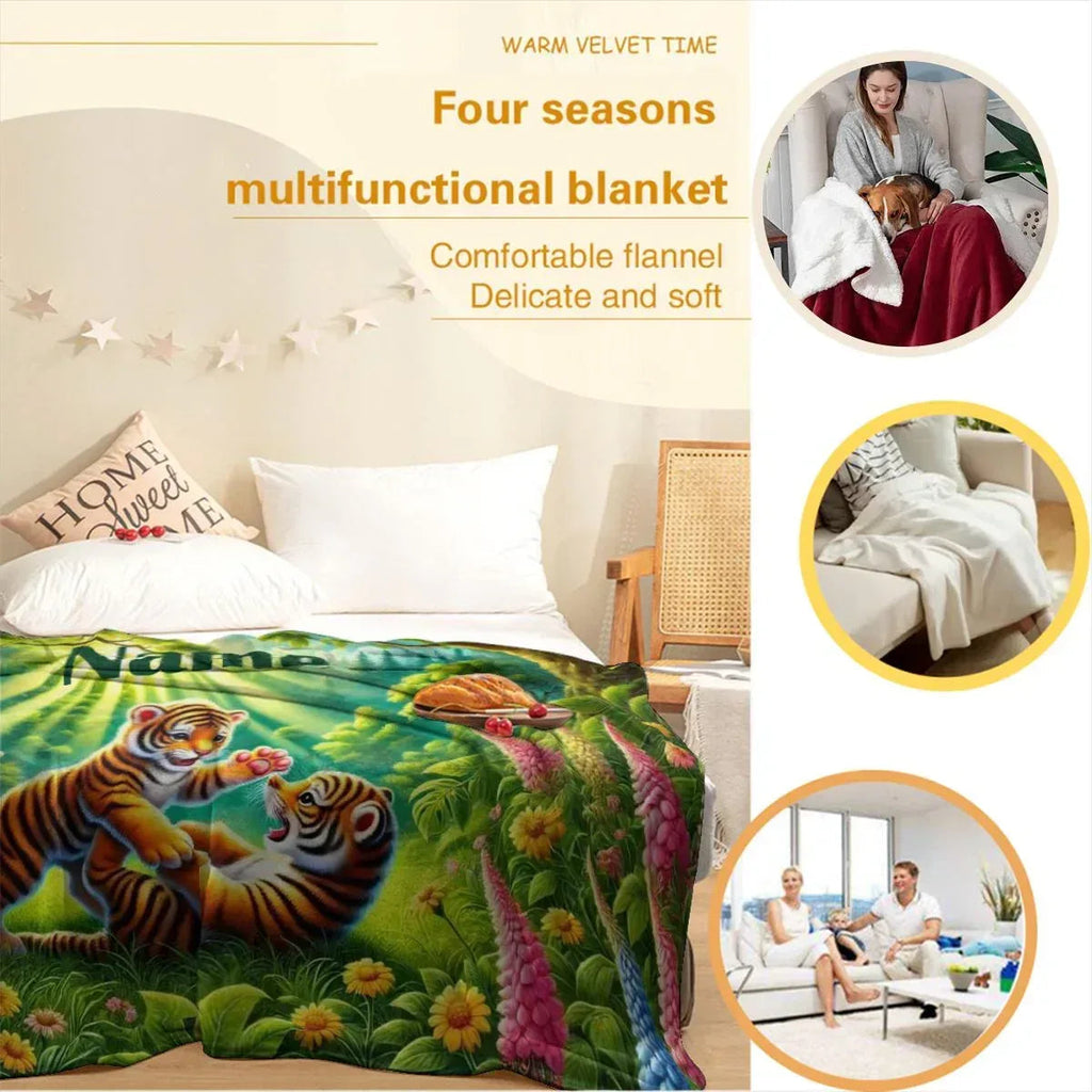 Personalized Tiger Blanket: Enchanted Forest Jungle Adventure Throw, Soft Flannel Fleece Throw